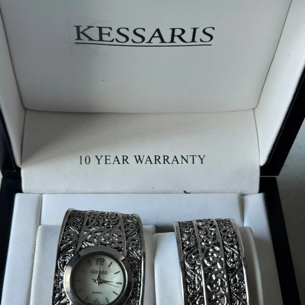 Kessaris Womens Silver Tone Filigree Cuff Watch and Matching Bangle Bracelet Set
